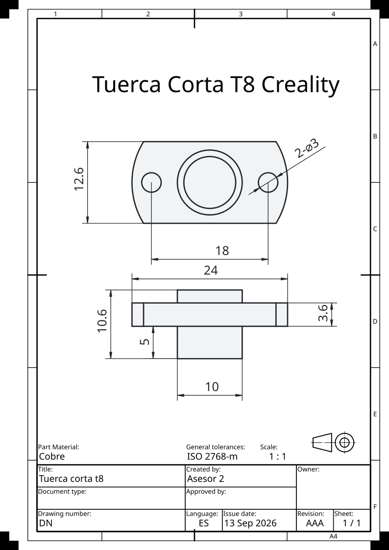 diemensiones Tuerca Corta T8 husillo trapezoidal